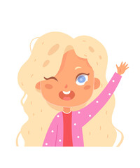 Kid with hand up vector illustration. Cartoon cute girl waving for friends, standing and giving 5, little student of primary school raising arm, answering for teacher isolated on white