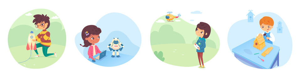 Naklejka premium Kids playing games in school or garden illustration set. Weekend hobby activities vector. Boy and girl launching rocket, operating robot from laptop, flying helicopter, building birdhouse.