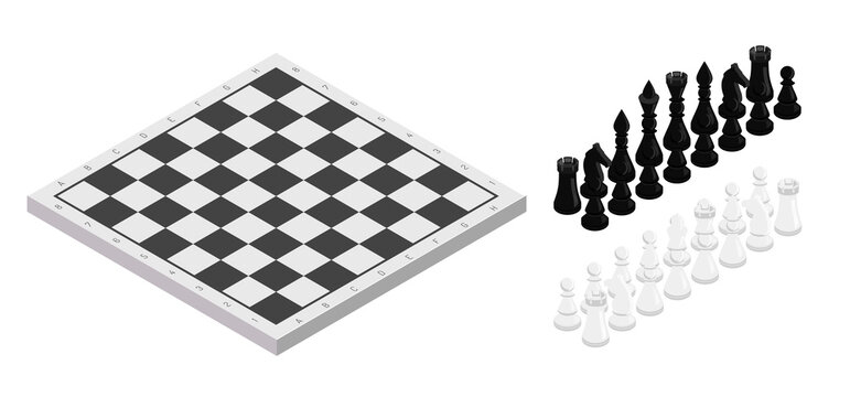 Figures near chessboard isometric illustration. Black and white chess pieces vector set. King, queen, bishop, horse, rook and pawn. Classic intellectual sport, leisure. Tactical game