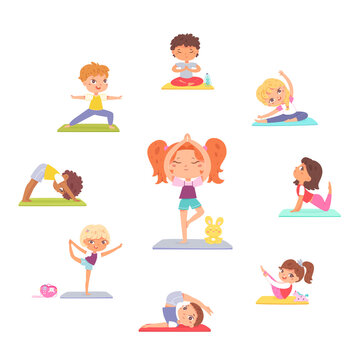 Yoga poses of children set, cute boy and girl stretching and meditating, sport activity