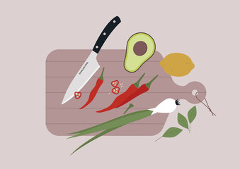 A sharp knife and various fruits and vegetables on a wooden cutting board