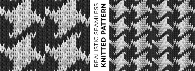Realistic Pepita seamless knitted pattern. Classic textile print. Vector pattern of repeating monochromatic texture of knitted fabric for background, wallpaper, wrapping paper, website backdrop.