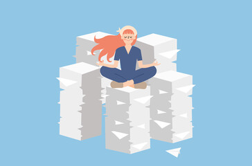 Overwhelm business paperwork to do, meditating woman not get distracted by overwhelm works, calm yoga woman between pile of paperwork, work life balance of an office woman, business woman stay calm.