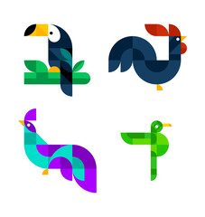 Vector set of birds with simple minimalist geometric shapes. Template of toucan, rooster, pheasant, hummingbird. Colorful mosaic of square, rectangle, circle. Isolated flat abstract illustration