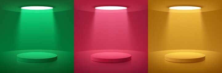 Set of green, yellow, red pink room background with realistic 3d cylinder pedestal podium and ceiling light. Abstract minimal scene for mockup products display, Stage showcase. Vector geometric forms.