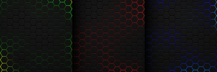 Set of abstract black hexagon pattern on neon light blue, Red and green background in technology style. Modern futuristic vector geometric shape. Can use for cover template, poster, flyer, print ad.