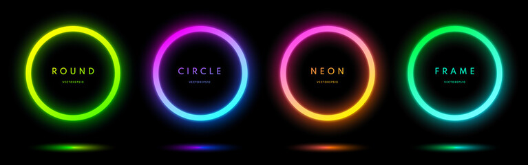 Blue, red-purple, green illuminate frame collection design. Abstract cosmic vibrant color circle border. Top view futuristic style. Set of glowing neon lighting isolated on background with copy space. © JE48