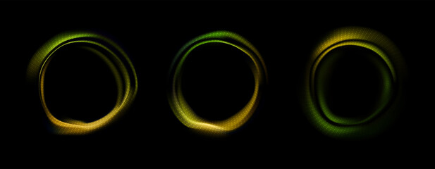 Neon dynamic wave in the form of a circle in green and orange. Abstract background with glowing swirling portal. Vector illustration. Round freezelight isolated on black background. Music, equalizer.
