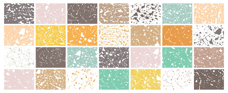 Grunge stains backgrounds set. Ink splatter. Paint splashes detailed abstract textures collection. Liquid drops stains. Soap foam texture.