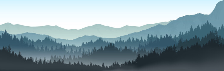 	
Panoramic mountain landscapes, pine forests and mountains in the morning.	
