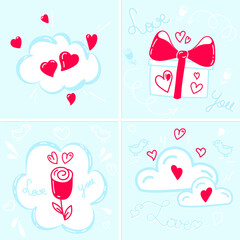 Romantic set icons: heart on a cloud, gift with heart, cute birds
