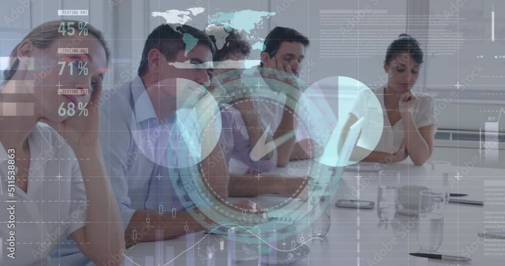 Poster statistical data processing and ticking clock against group of diverse businesspeople in a meeting