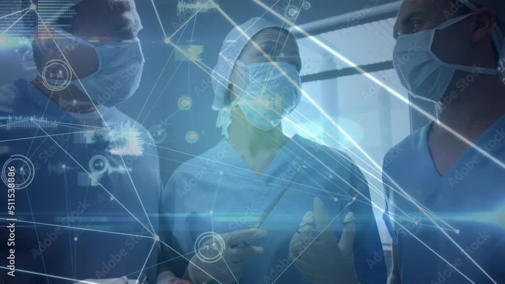 Poster network of connections and data processing over group of surgeons performing operation at hospital