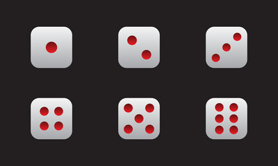 Ludu's cocoon icon set, one to six-point ludu's dice casino symbol set isolated on black background
