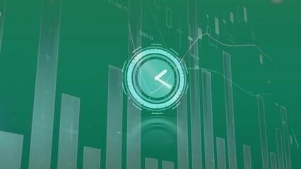 Digital animation of neon ticking clock and statistical data processing against green background - Powered by Adobe