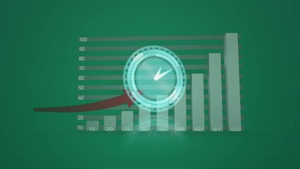 Digital animation of neon ticking clock and statistical data processing against green background - Powered by Adobe