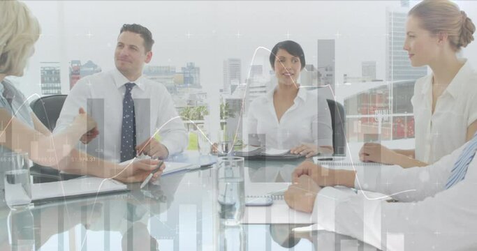 Statistical data processing over group of diverse businesspeople shaking hands in meeting room - Powered by Adobe