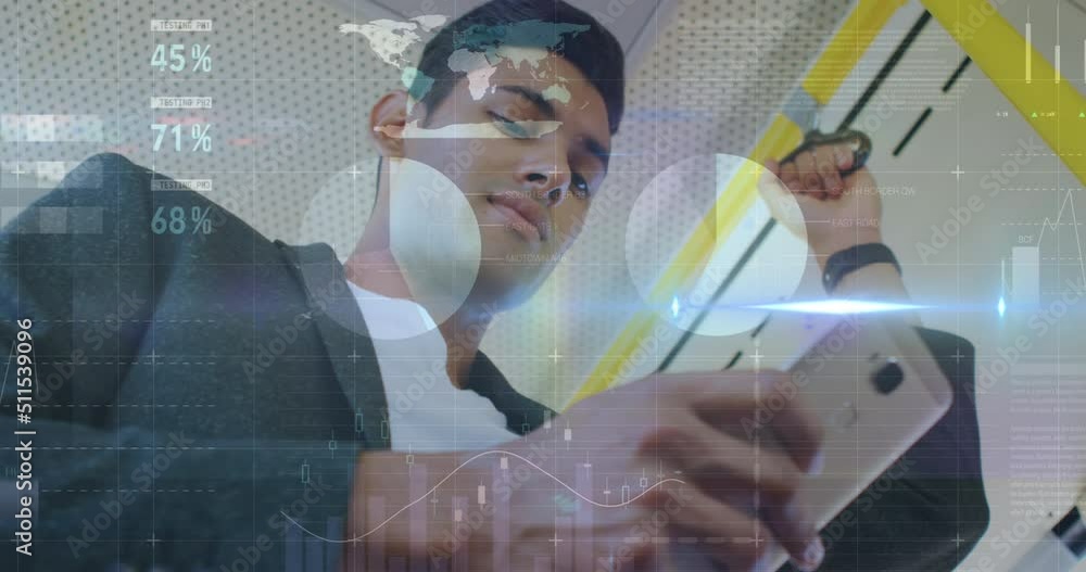 Poster Animation of statistics and data processing over biracial businessman using smartphone