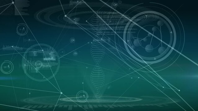 Animation of scientific data, dna and connections over green background