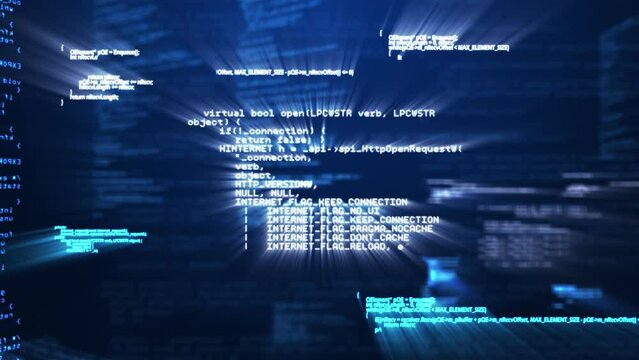 Animation of computer data processing over glowing blue background