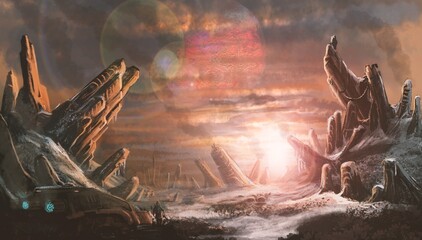 concept art drawing of sunrise on an extraterrestrial planet shows a man with a parked ship contemplating the sunrise.