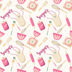 Confectioner's Pattern. Seamless vector pattern for the profession of baker, pastry chef or cook. Pink tools for making desserts. Scales and bowl. Spoons, whisk and apron. Seamless pattern for package