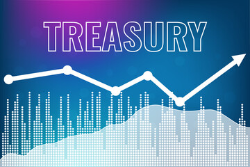 Words Treasury on blue and pink finance background from columns, line, candlesticks, arrow, city. Economy and finance concept