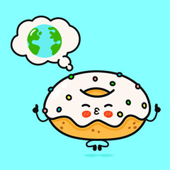 Cute funny Donut doing yoga with speech bubble. Vector hand drawn cartoon kawaii character illustration icon. Isolated on blue background. Donut character concept