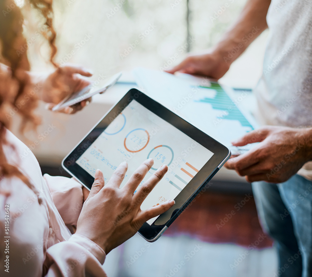 Poster the calculations have been made. shot of two unrecognizable peoples hands working on a tablet and lo