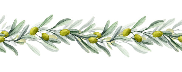 Olive Branch Border. Watercolor frame for oil label with fruits and green leaves. Seamless hand drawn pattern