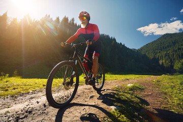 Fototapeta premium Mountain biker rides at the green forest in Kazakhstan