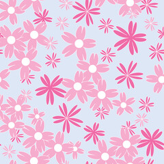 Vector blue background white pink cherry tree flowers and cherry blossom sakura flowers. Seamless pattern background