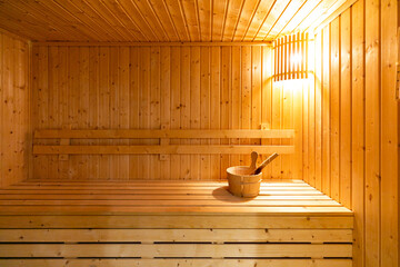 Obraz na płótnie Canvas Small home wooden sauna, spa room. Relax in a hot sauna.