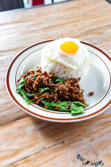 basil pork fried rice thai food. Thai Food concept Khao pad krapow rice and minced beef Thai holy basil stir-fry with fried egg