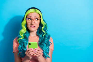 Photo of sad influencer girl feel guilty have misunderstanding with her subscribers isolated on...