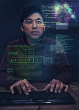 Shot of a young man looking up at messages on a virtual screen - ALL design on this image is created from scratch by Yuri Arcurs team of professionals for this particular photo shoot - this is an