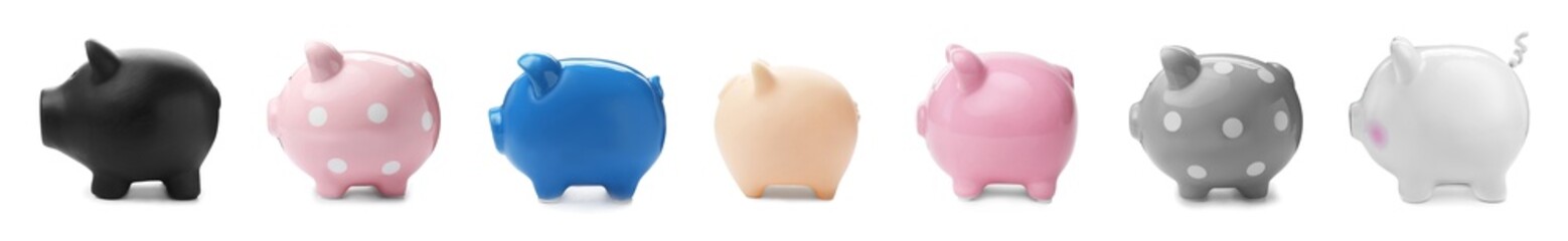 Set with different piggy banks on white background, banner design. Money saving