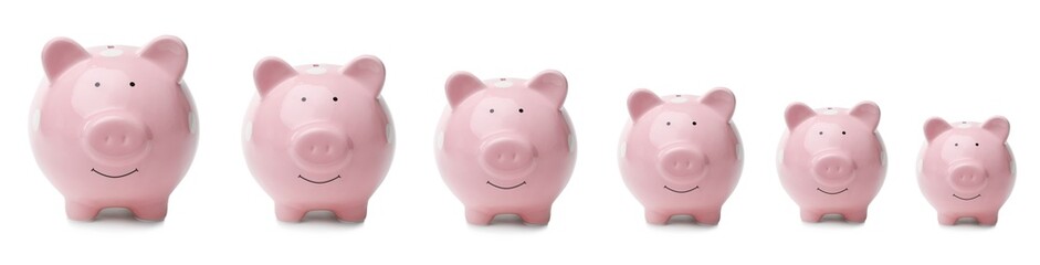 Set with piggy banks of different sizes on white background, banner design. Money saving