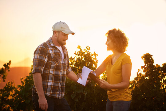Making sure every bunch is accounted for. Shot of two young winemakers making notes on a clipboard while standing in a vineyard.