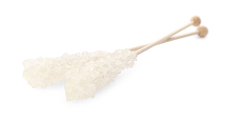 Wooden sticks with sugar crystals isolated on white. Tasty rock candies