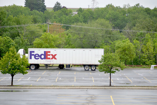 Fed Ex Tractor Trailer Truck Making a Delivery in Aroostook County - June 13, 2022, Maine, United States