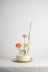 White cake with fresh flowers on a white background