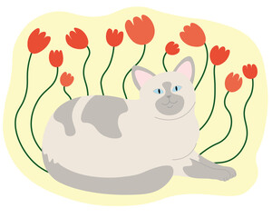 A cartoon siamese cat made in the style of flat art sits in a poppy on a pale yellow background
