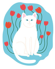 Cartoon white cat made in the style of flat art sits in a poppy on a blue background
