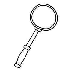 Monochrome picture, Round magnifier with black handle, magnifying glass, vector cartoon illustration