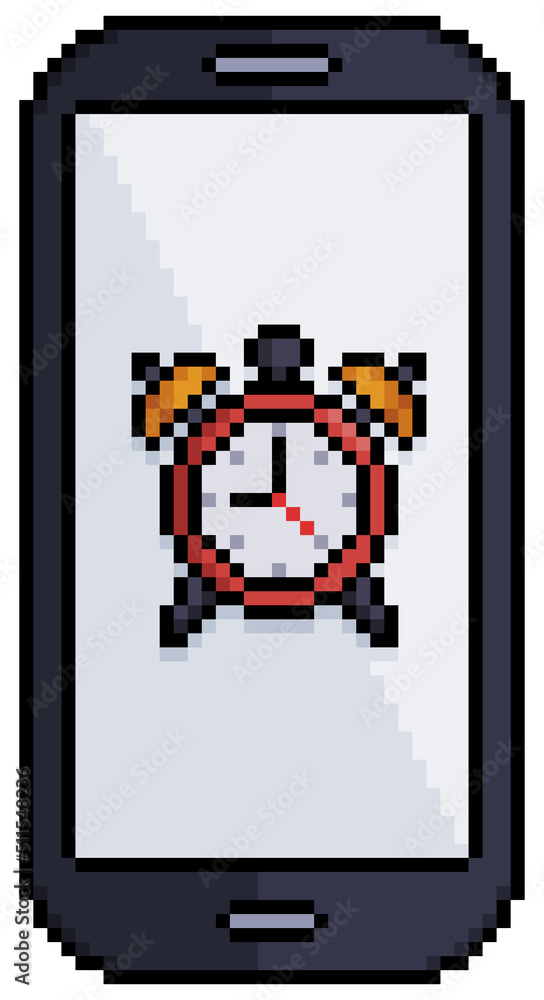 Poster pixel art cell phone with alarm clock icon vector icon for 8bit game on white background