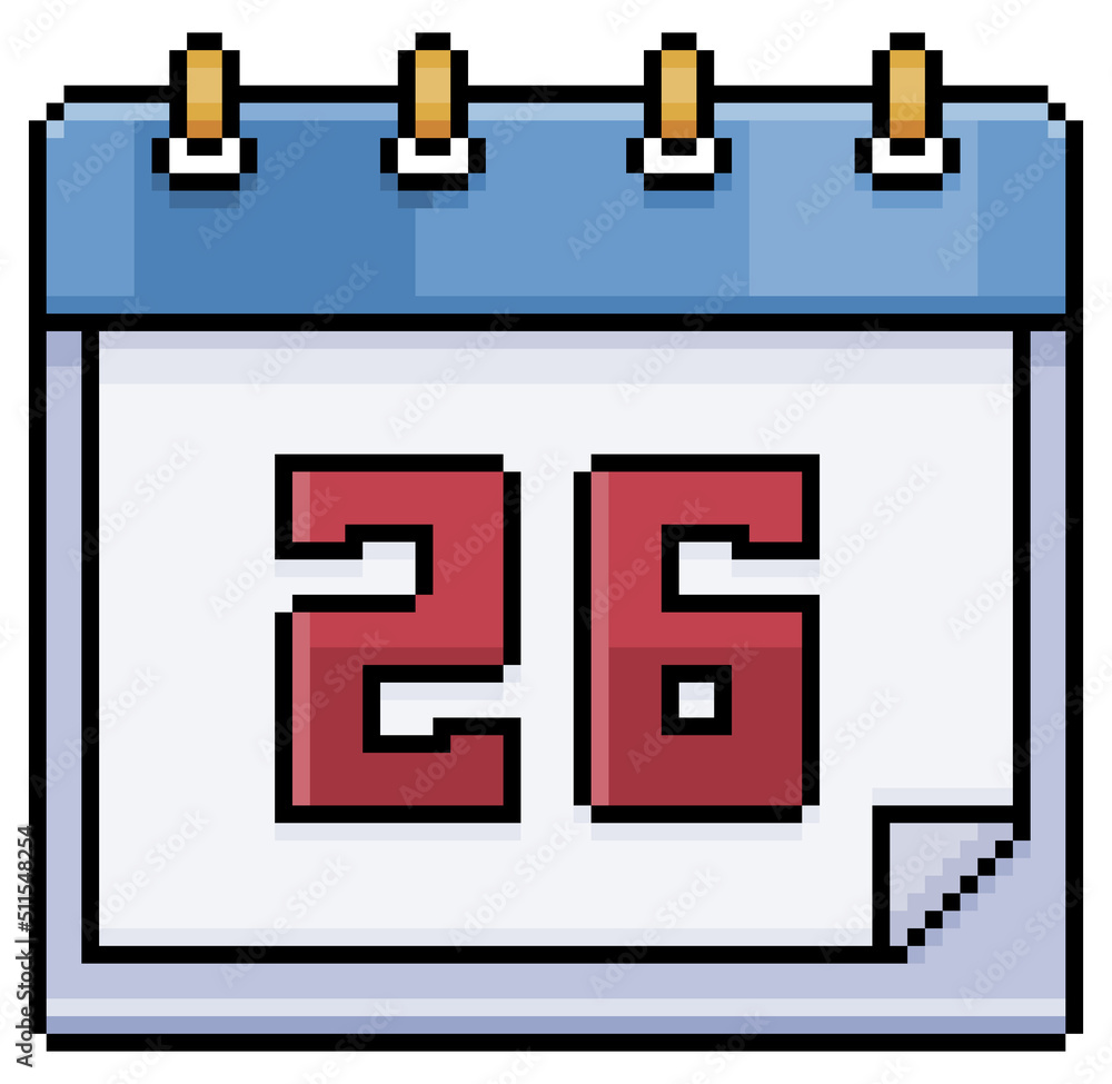 Poster pixel art calendar with date 26. day 26. holiday day 26 vector icon for 8bit game on white backgroun