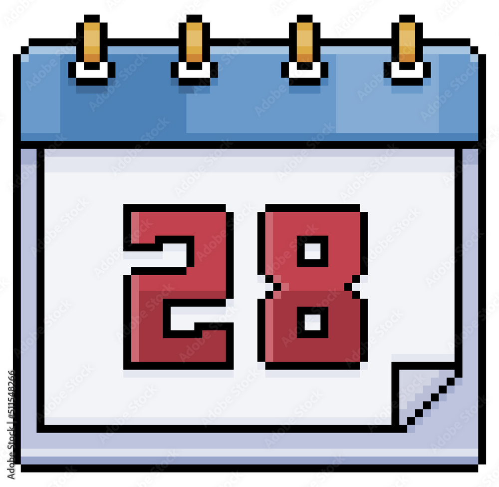 Poster pixel art calendar with date 28. day 28. holiday day 28 vector icon for 8bit game on white backgroun