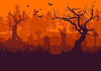 Old cemetery halloween background. Scary trees, bats, tombstones and crow