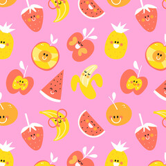 Little fruit happy smiling cute seamless pattern pink background kids design cutie frutti collection.